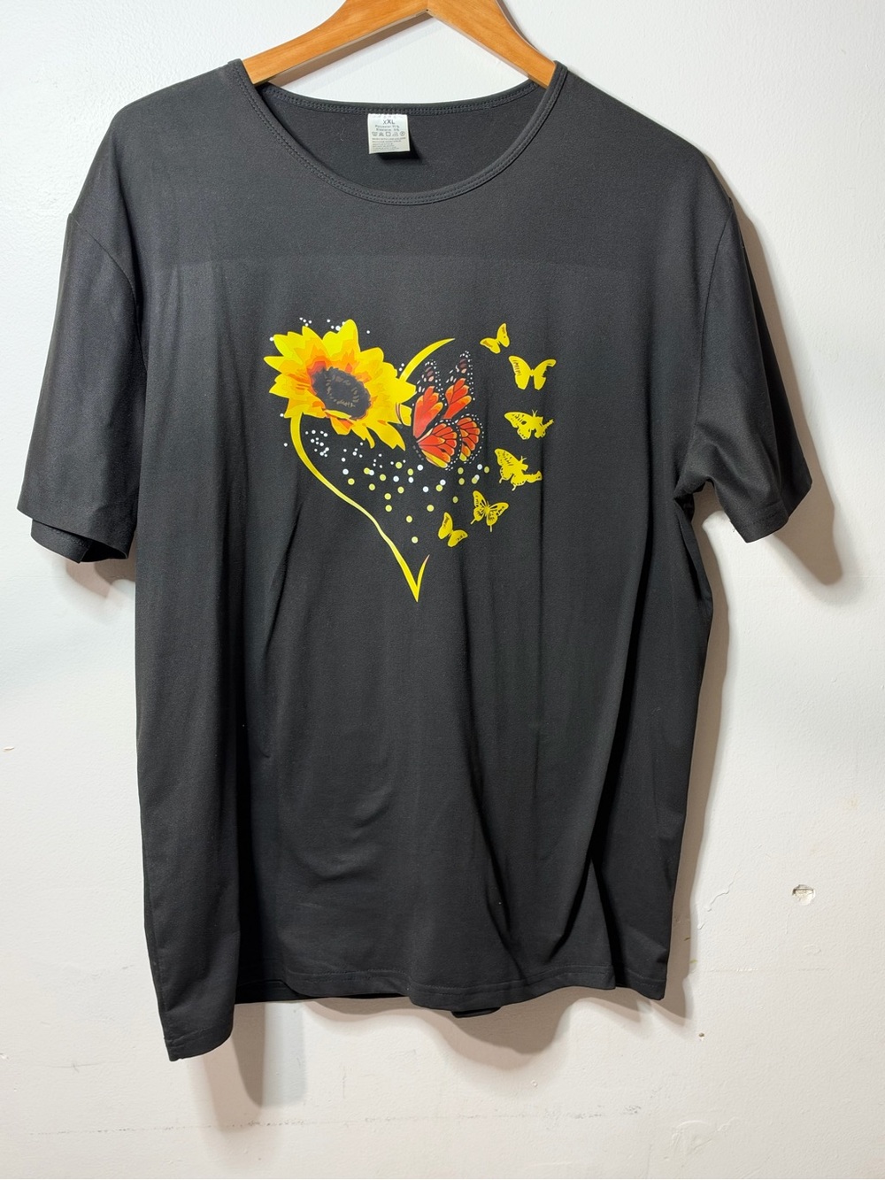 Black Women’s Short Sleeve Tee with Yellow Sunflower & Orange Butterfly Heart
